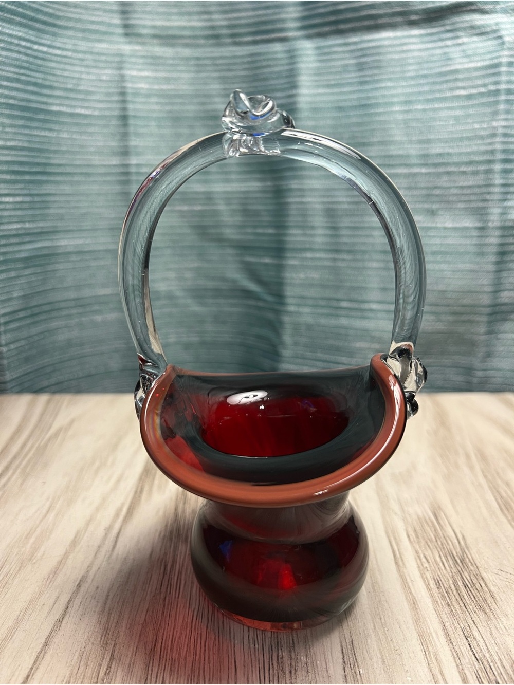 Hand Blown Ruby Red Art Glass Basket Clear Handle Decorative Bowl Vase